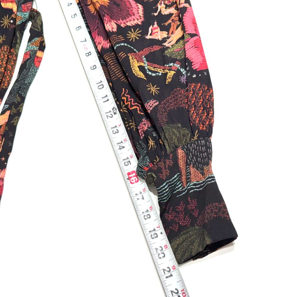 Farm Rio River Creatures Black Floral Mini Dress Tie Belt Button Front Tassels - Picture 16 of 16
